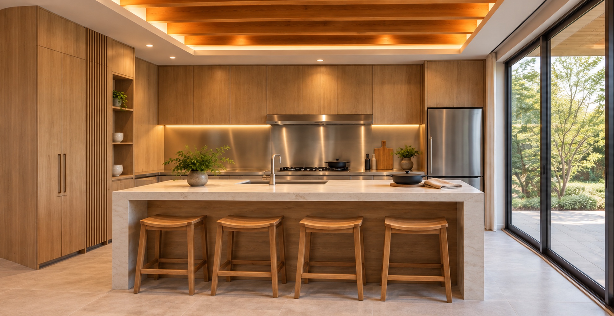 A warm modern Japanese-inspired kitchen with a wood island and four stools